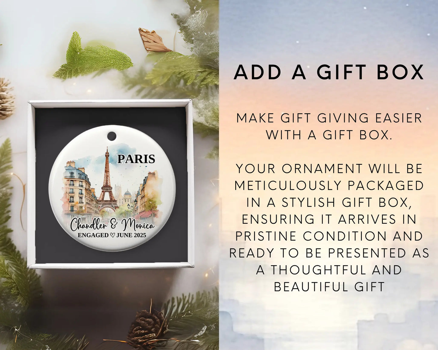 Paris Engagement Ornament Custom Gift Souvenir Bauble Present. Add gift box