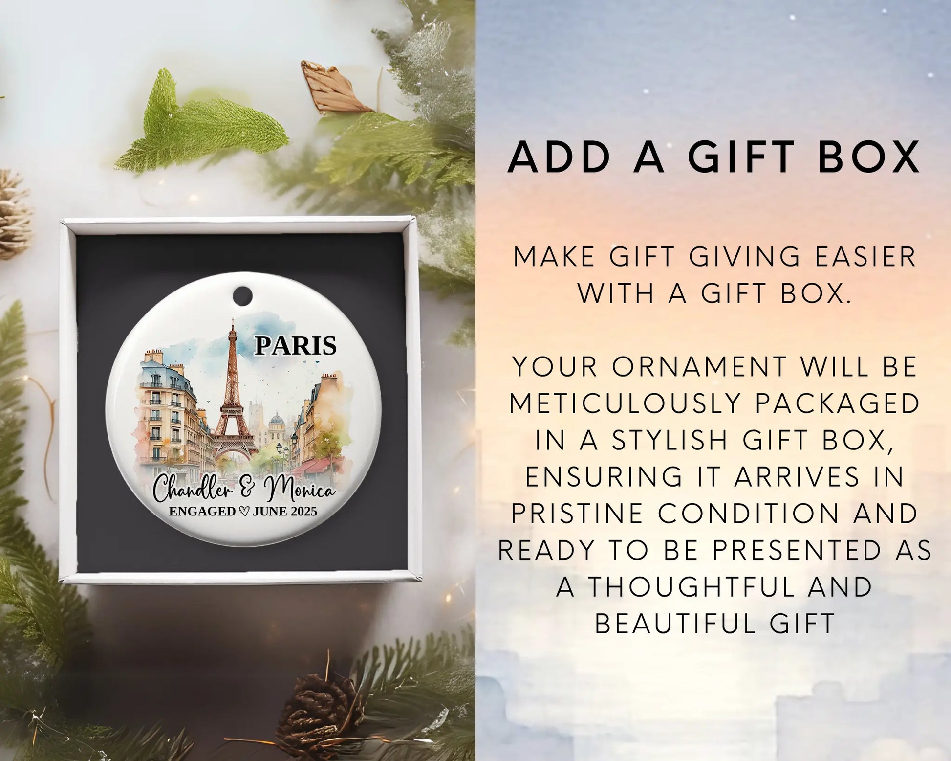 Paris Engagement Ornament Custom Gift Souvenir Bauble Present. Add gift box