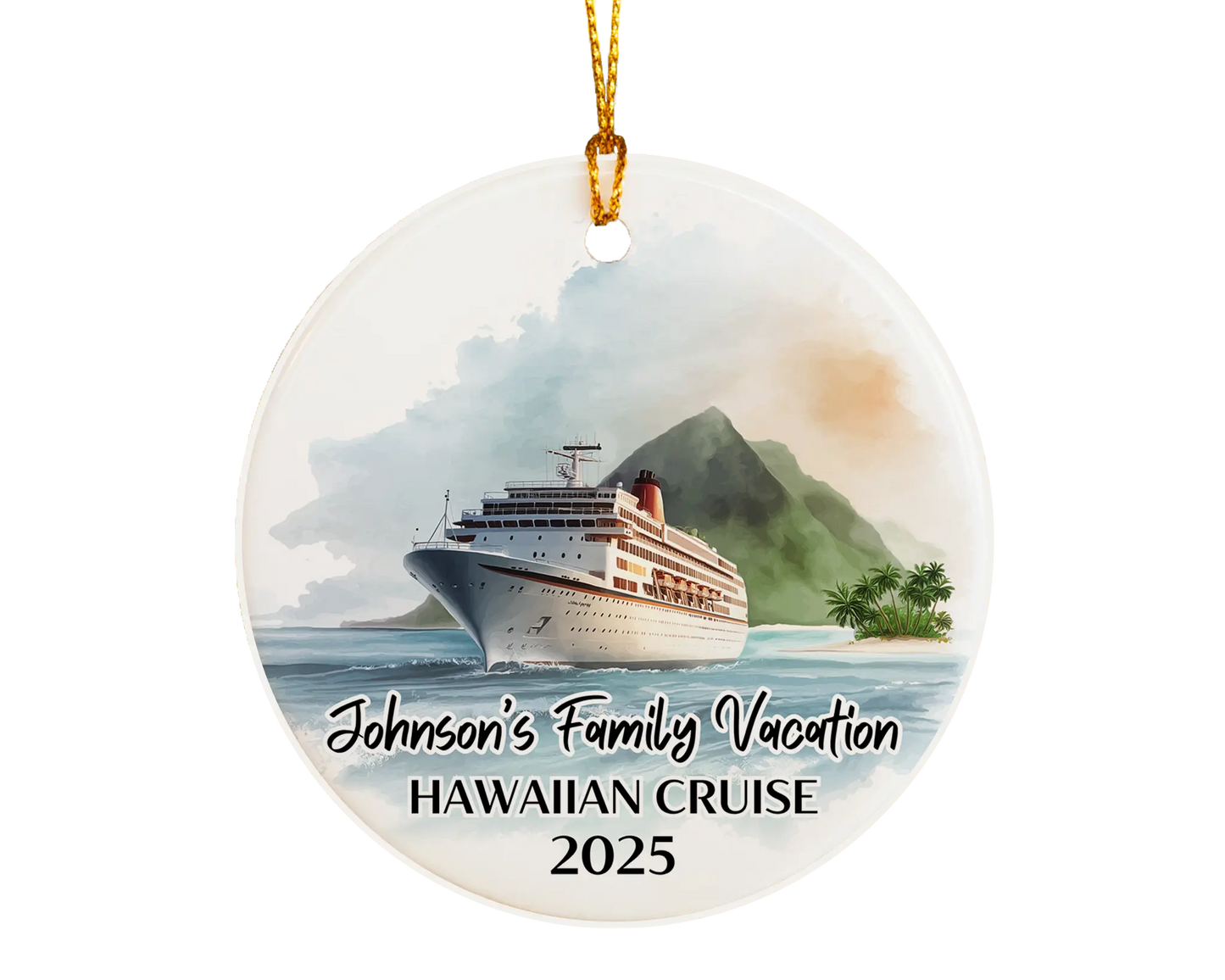 Handmade ceramic Hawaii cruise ornament with personalized location and photo – custom Christmas bauble or cruise vacation souvenir.