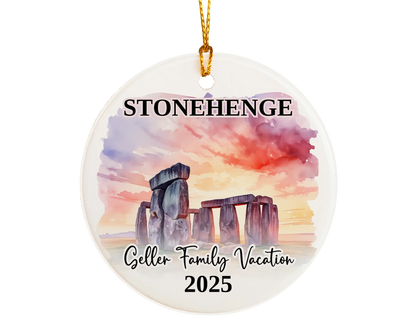 Custom vacation Stonehenge ceramic photo ornament with personalized message – handmade Christmas bauble, gift souvenir, or vacation keepsake. 