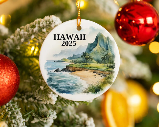 Custom Kauai Hawaii ceramic photo ornament with personalized message – handmade Christmas bauble, gift souvenir, or vacation keepsake.  