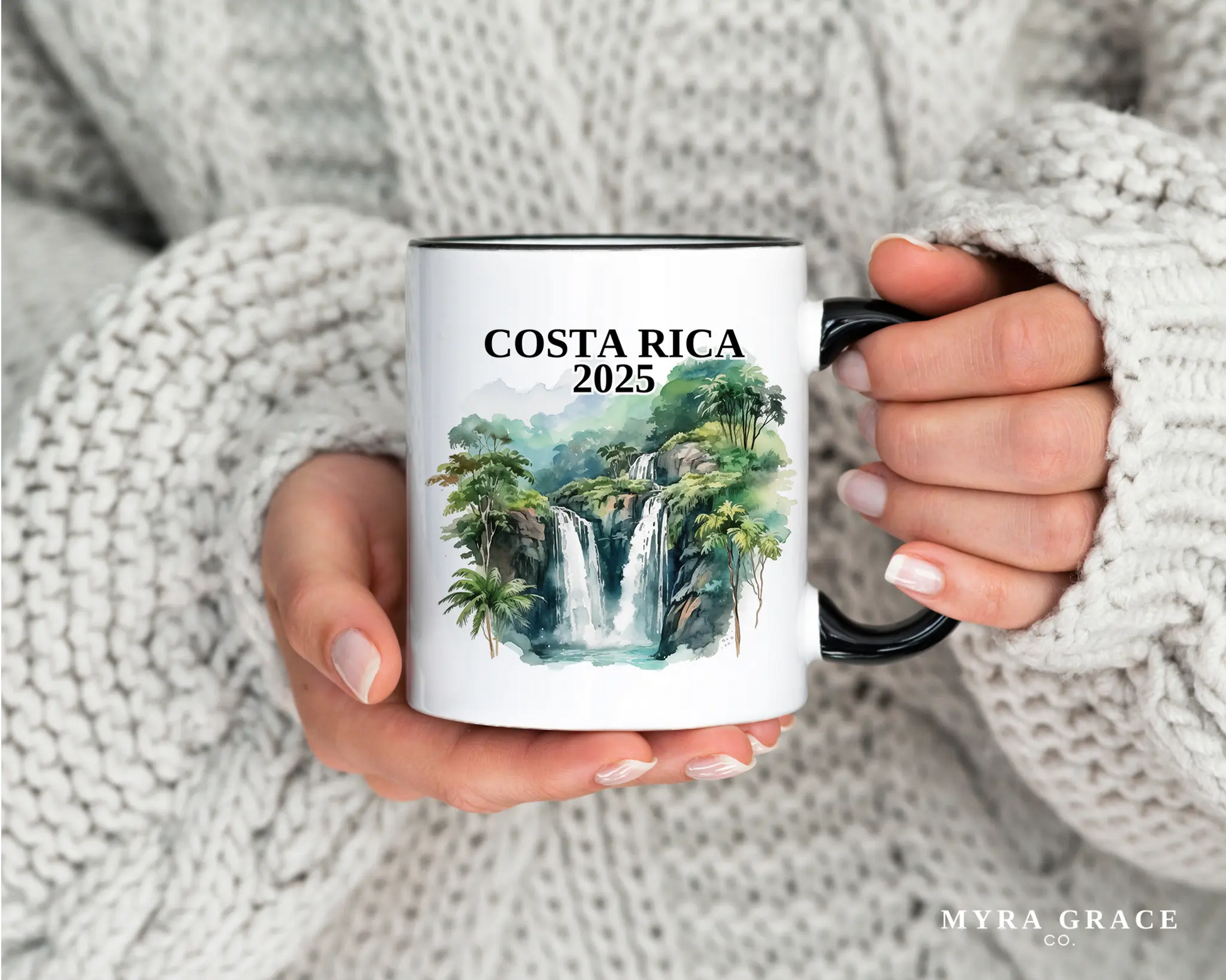 Custom ceramic Costa Rica vacation mug with watercolor location design, date, and personal photo – personalized travel gift or photo mug. 