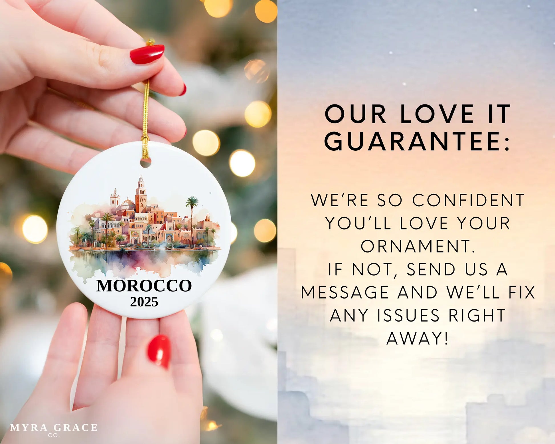 Custom Morocco ceramic photo ornament with personalized message – handmade Christmas bauble, gift souvenir, or vacation keepsake.  Love it guarantee