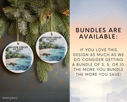 Custom British Virgin Islands ceramic photo ornament with personalized message – handmade Christmas bauble, gift souvenir, or vacation keepsake. Bundles available