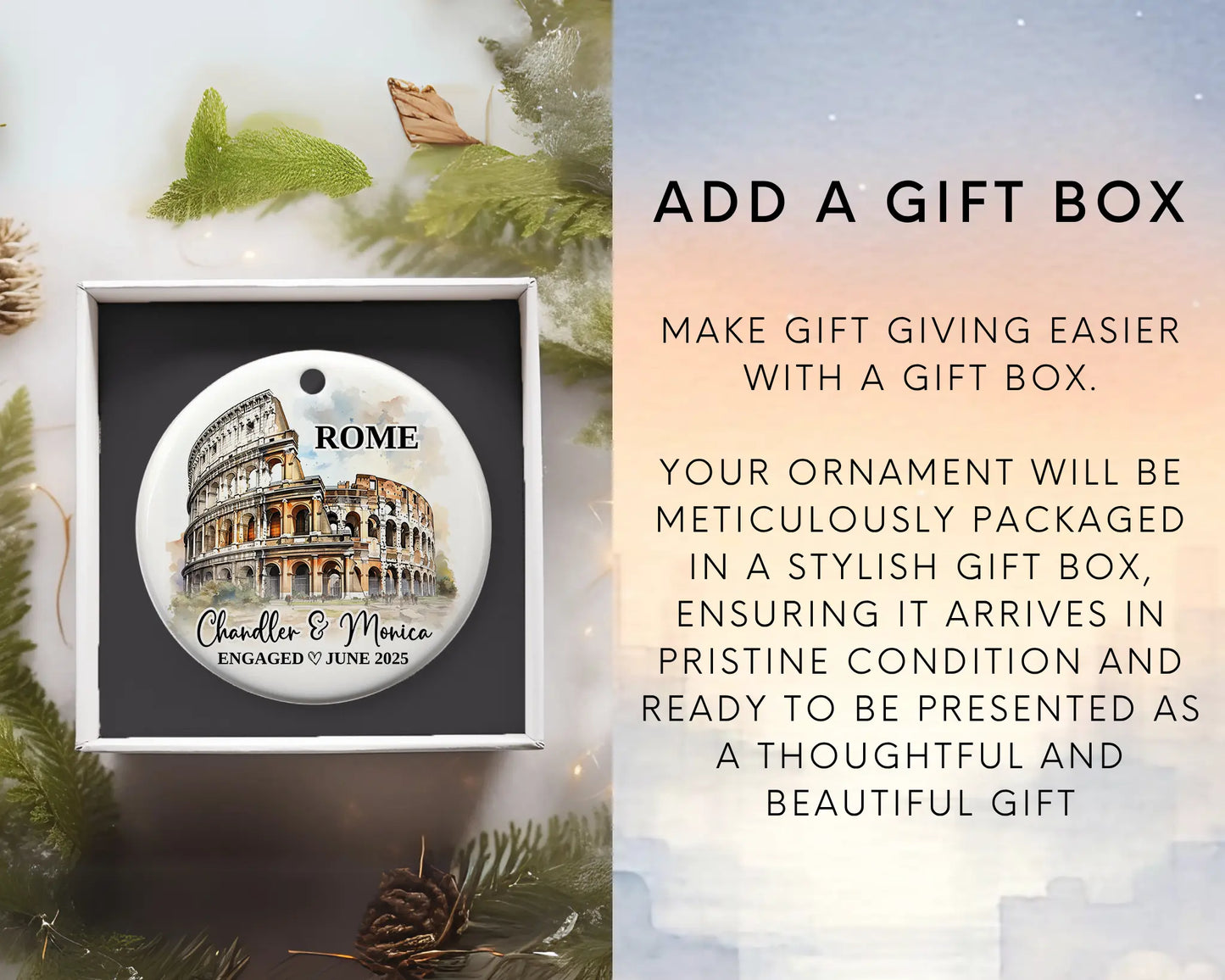 Rome Engagement Ornament Custom Gift Souvenir Bauble Present. Add gift box