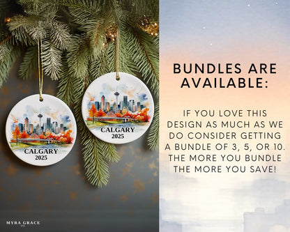 Custom Calgary, Alberta ceramic photo ornament with personalized message – handmade Christmas bauble, gift souvenir, or vacation keepsake.  bundles are available