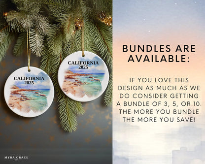 Custom California ceramic photo ornament with personalized message – handmade Christmas bauble, gift souvenir, or vacation keepsake.  bundles available