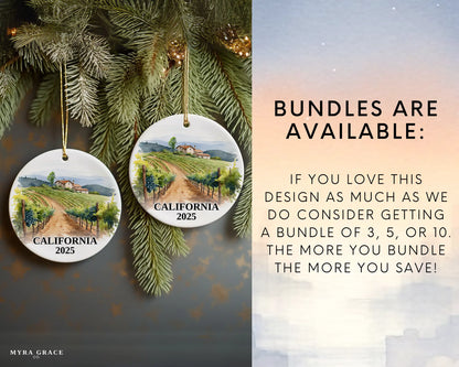 Custom California ceramic photo ornament with personalized message – handmade Christmas bauble, gift souvenir, or vacation keepsake.  bundles are available