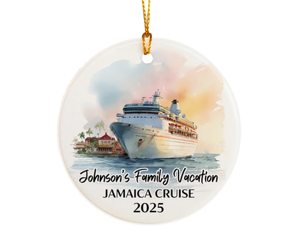 Handmade ceramic Jamaica cruise ornament with personalized location and photo – custom Christmas bauble or cruise vacation souvenir.