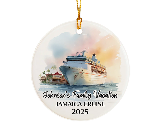 Handmade ceramic Jamaica cruise ornament with personalized location and photo – custom Christmas bauble or cruise vacation souvenir.
