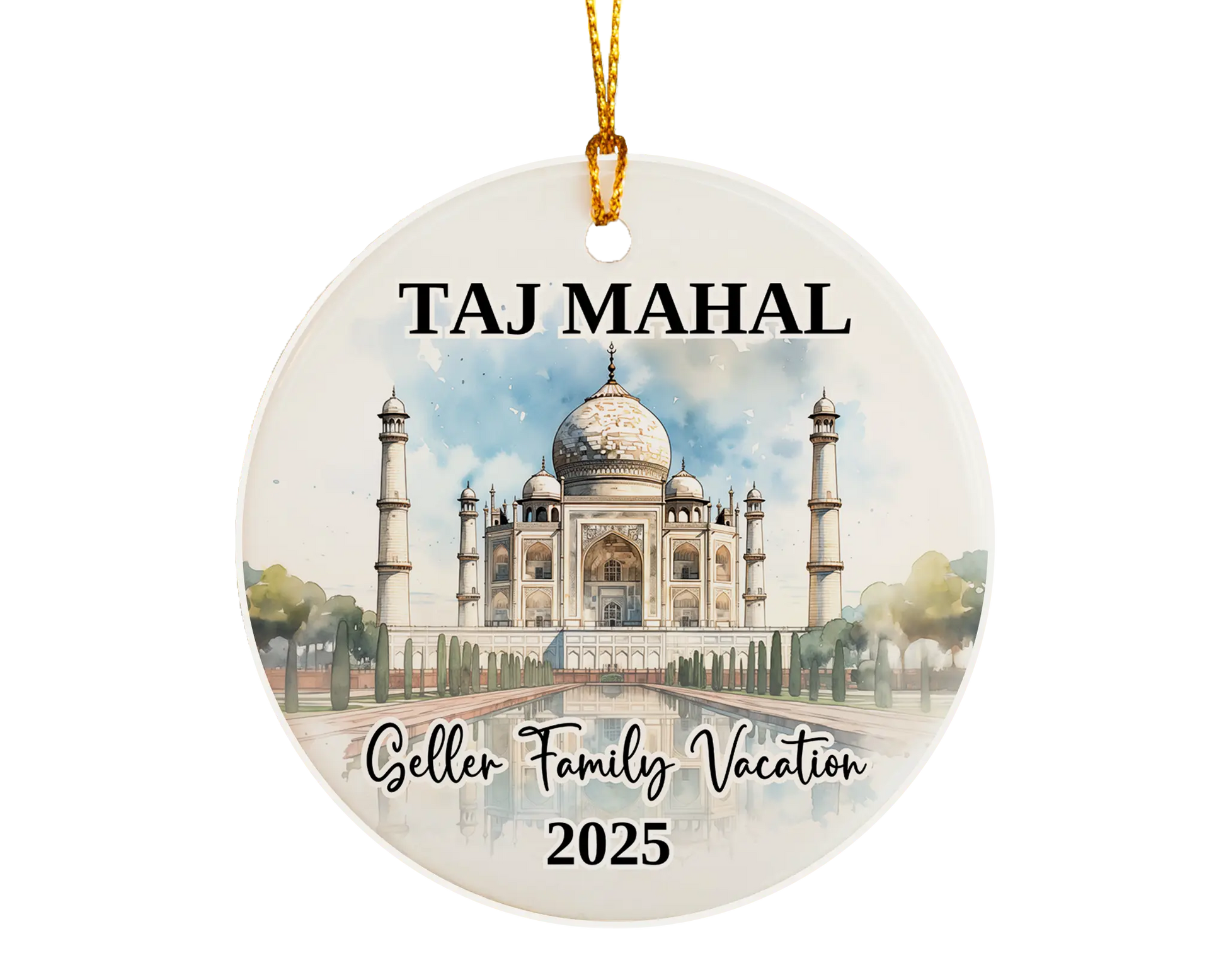 Custom vacation Taj Mahal ceramic photo ornament with personalized message – handmade Christmas bauble, gift souvenir, or vacation keepsake. 