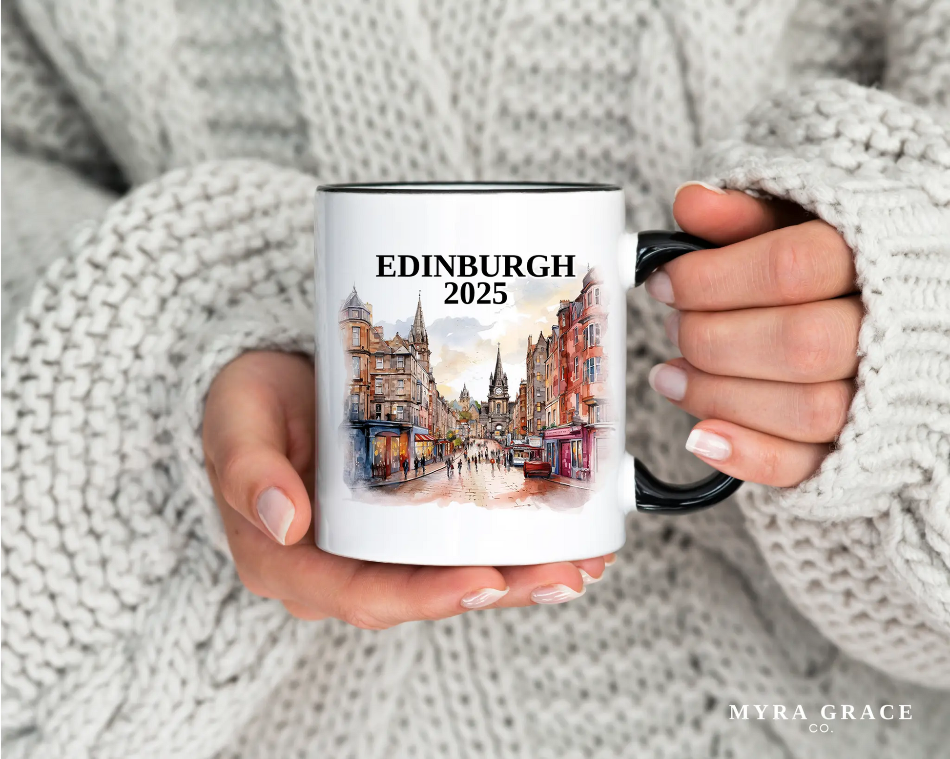 Custom ceramic Edinburgh Scotland vacation mug with watercolor location design, date, and personal photo – personalized travel gift or photo mug. 