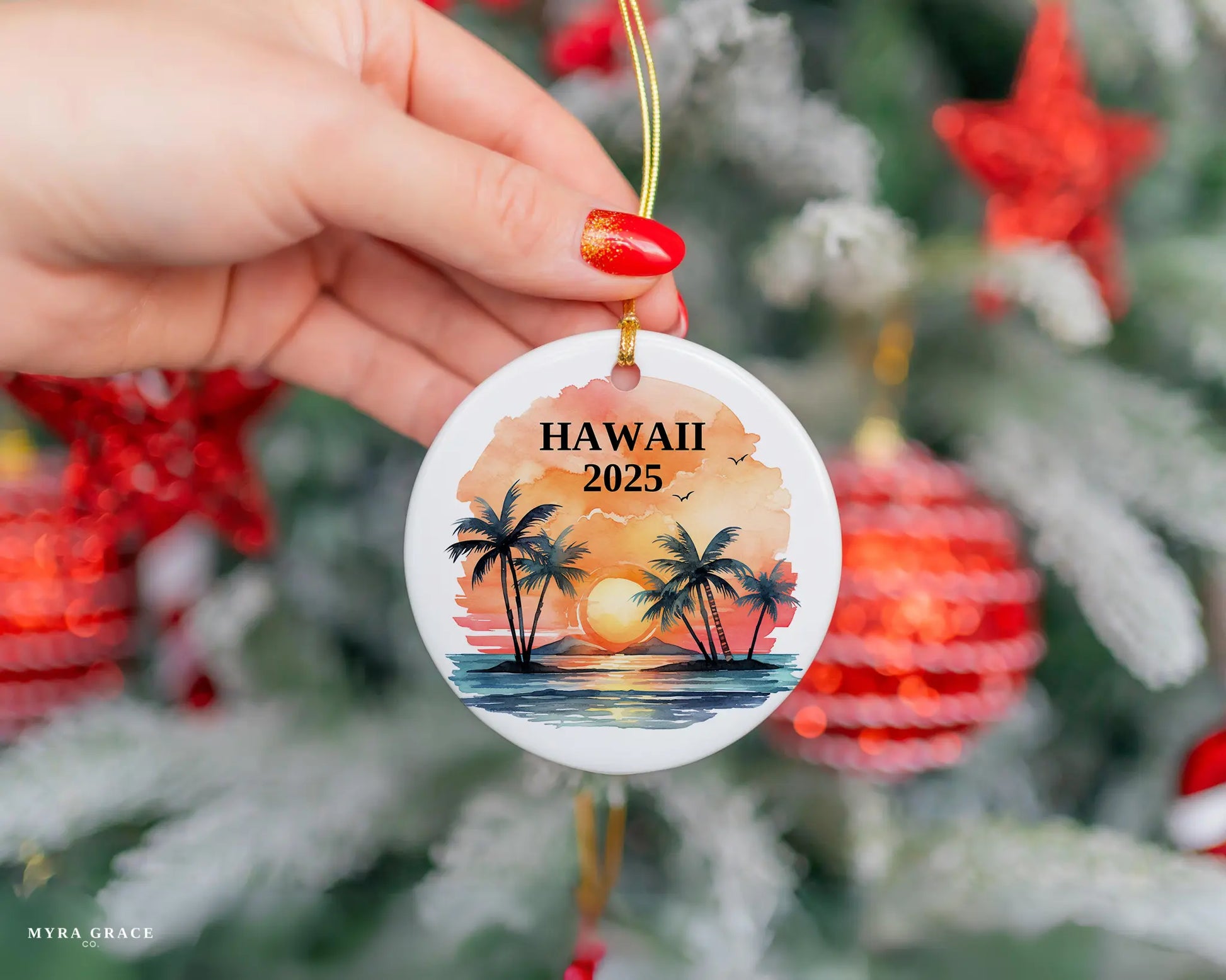 Custom Hawaii ceramic photo ornament with personalized message – handmade Christmas bauble, gift souvenir, or vacation keepsake.  