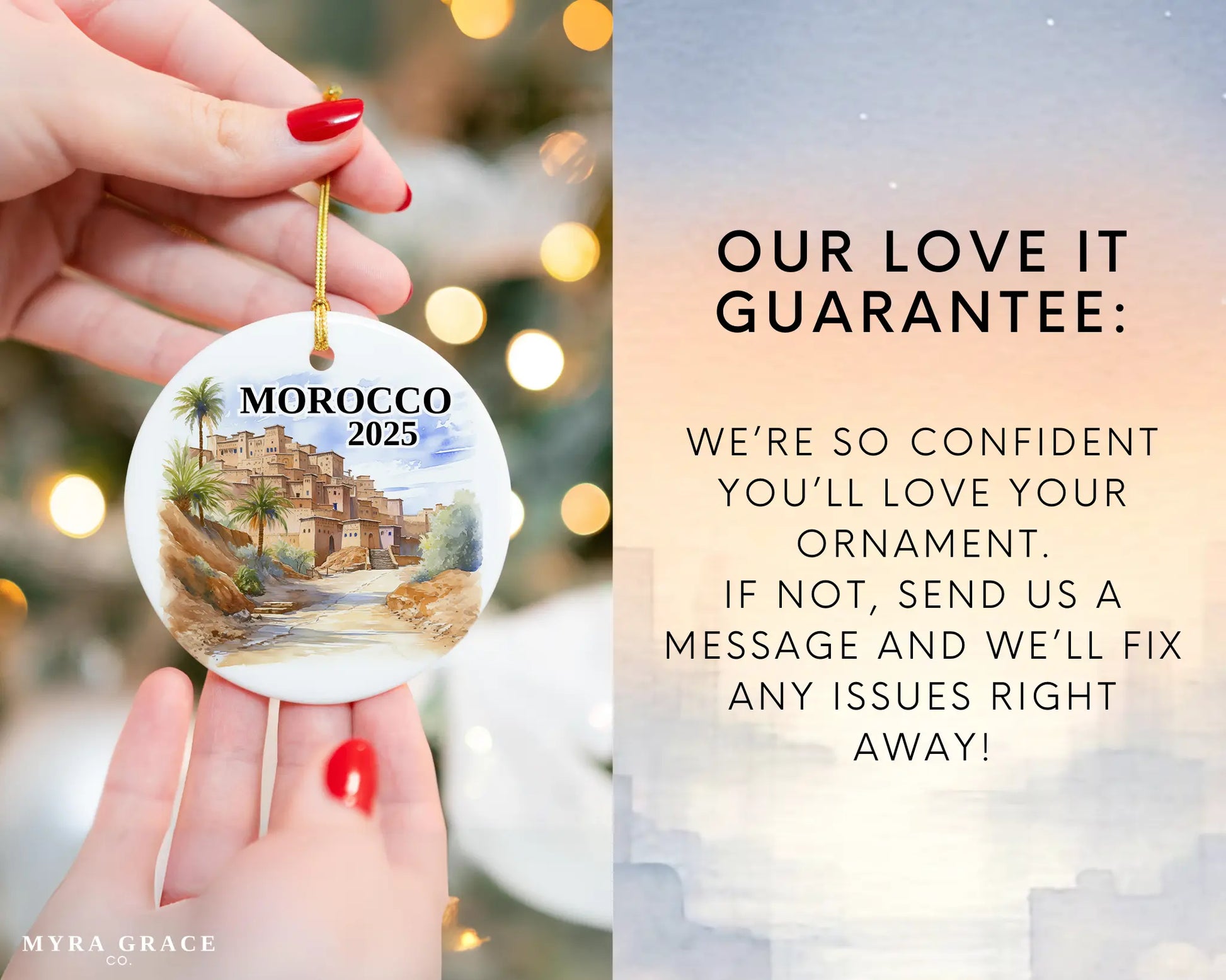Custom Morocco ceramic photo ornament with personalized message – handmade Christmas bauble, gift souvenir, or vacation keepsake.  Love it guarantee