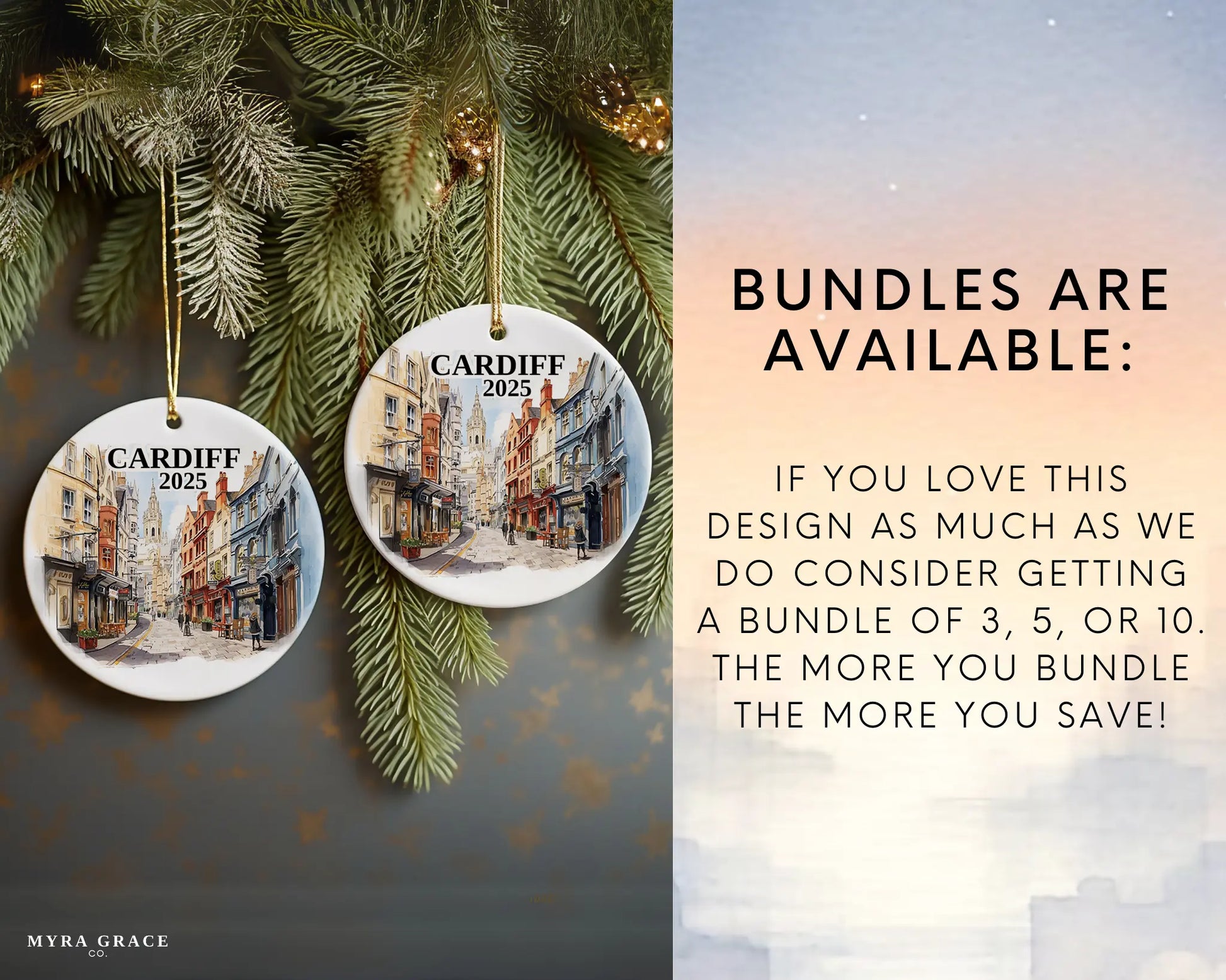 Custom Cardiff Wales ceramic photo ornament with personalized message – handmade Christmas bauble, gift souvenir, or vacation keepsake.  Bundles are available