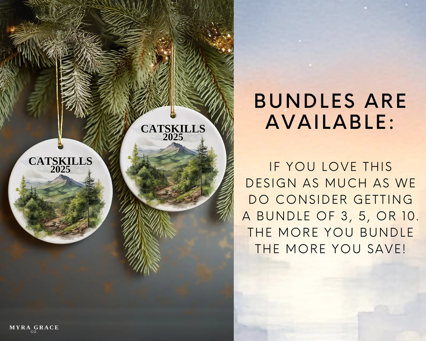 Custom Catskills ceramic photo ornament with personalized message – handmade Christmas bauble, gift souvenir, or vacation keepsake.  Bundles available