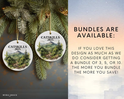 Custom Catskills ceramic photo ornament with personalized message – handmade Christmas bauble, gift souvenir, or vacation keepsake.  Bundles available
