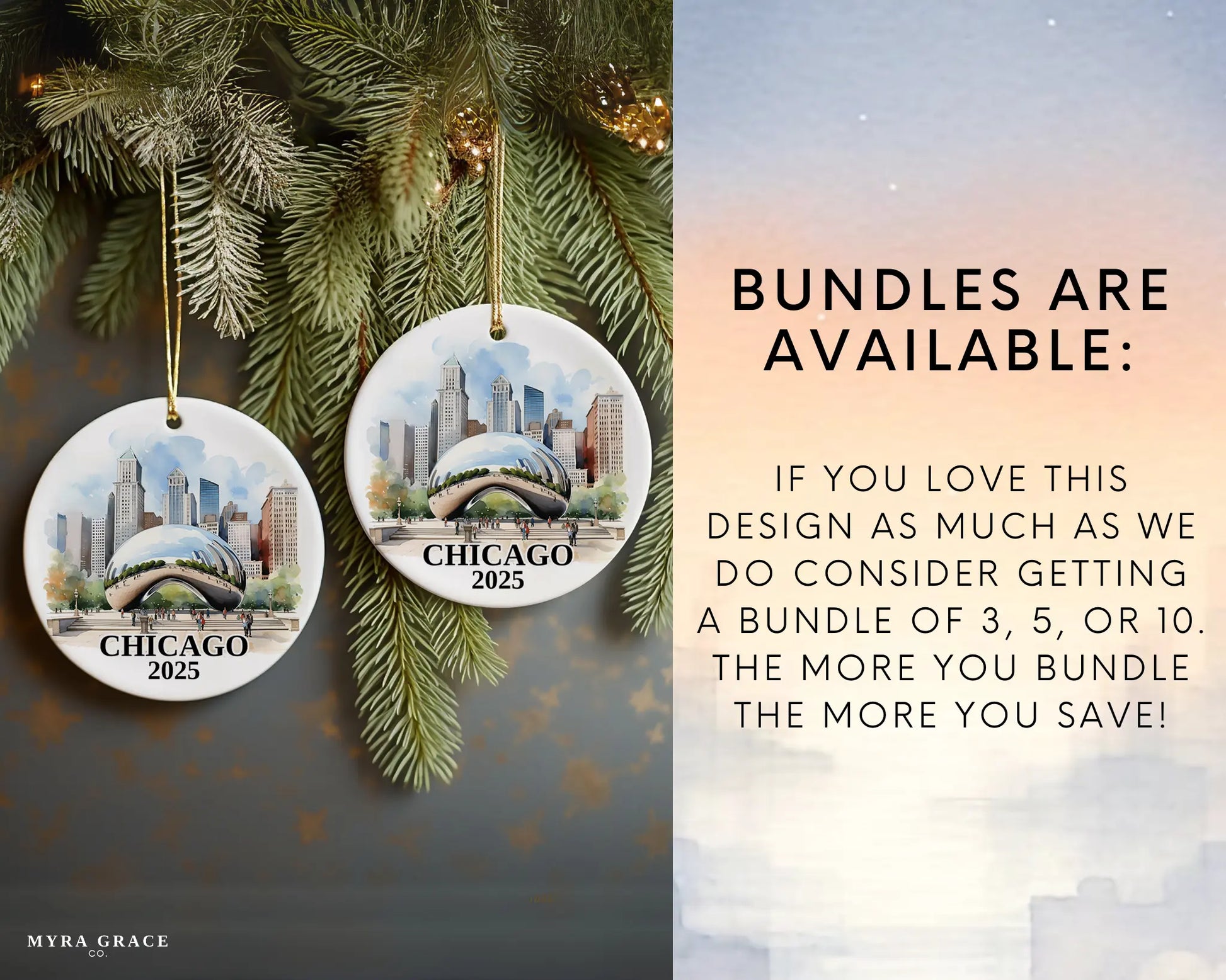 Custom Chicago ceramic photo ornament with personalized message – handmade Christmas bauble, gift souvenir, or vacation keepsake.  Bundles are available