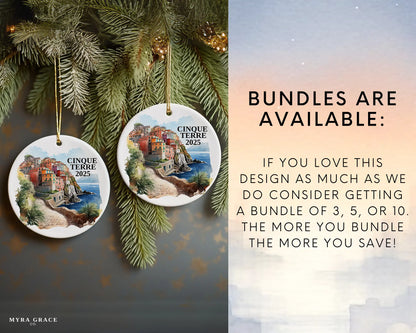 Custom Cinque Terre Italy ceramic photo ornament with personalized message – handmade Christmas bauble, gift souvenir, or vacation keepsake.  bundles are available