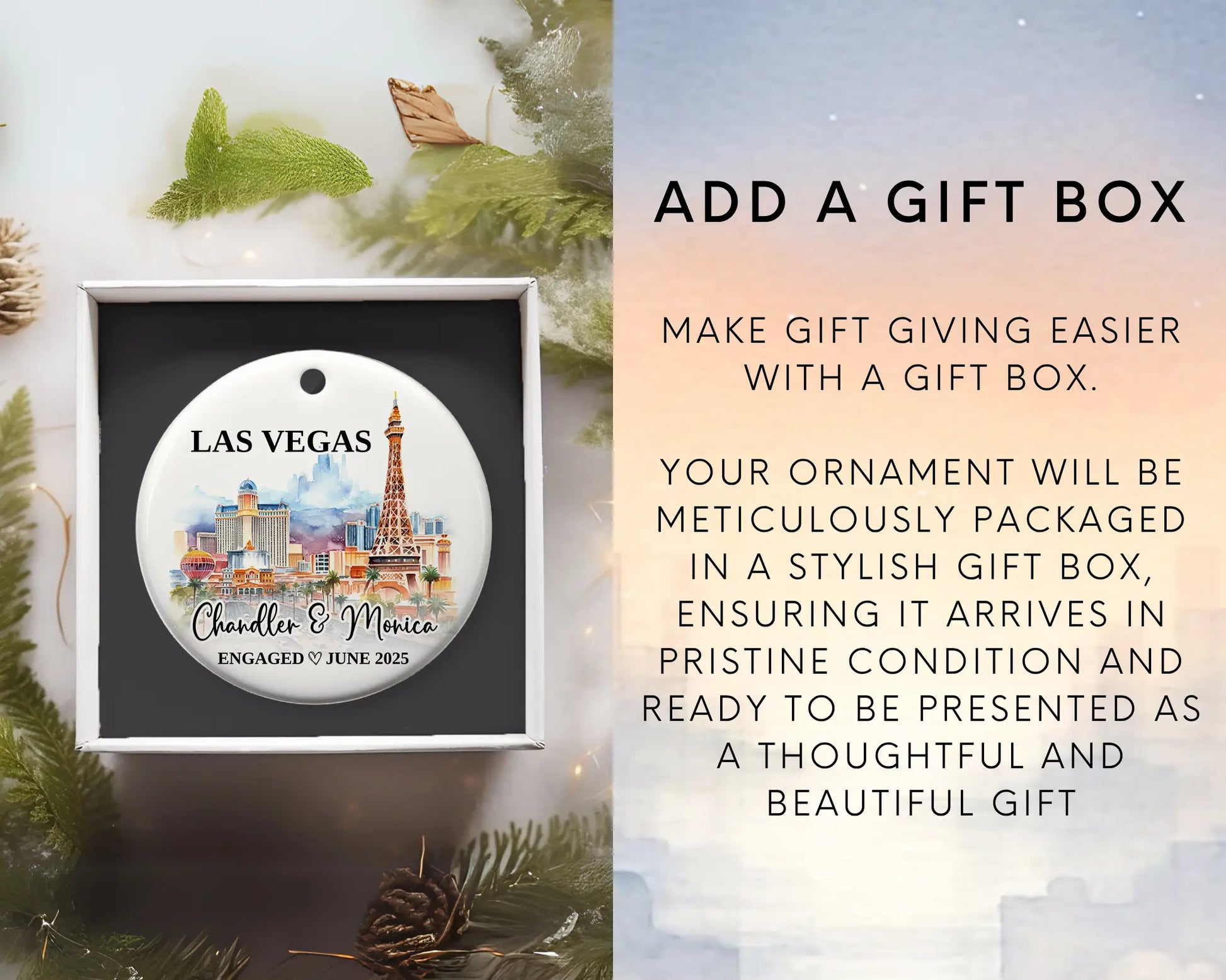 Las Vegas Engagement Ornament Custom Gift Souvenir Bauble Present. Add gift box
