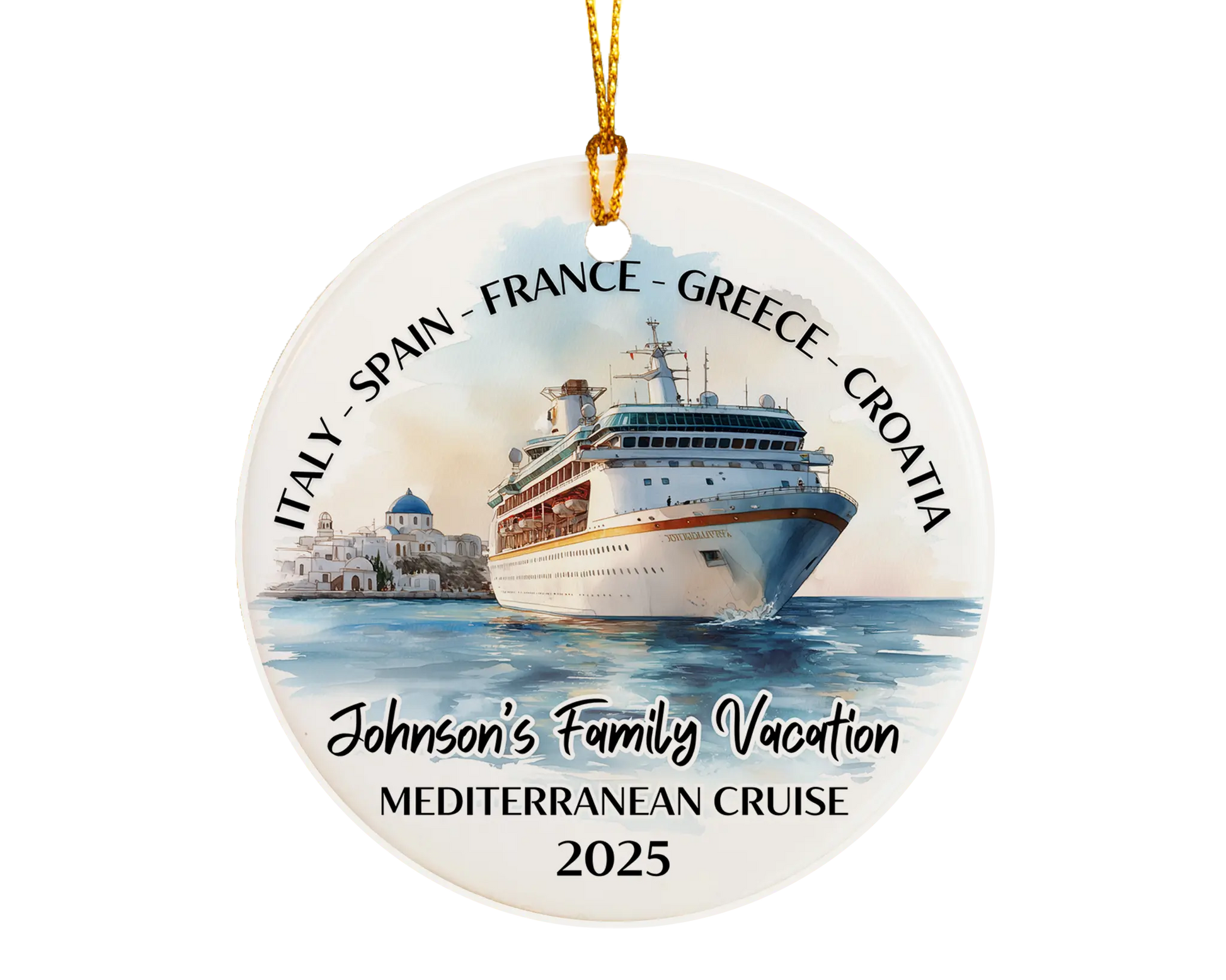 Handmade ceramic Mediterranean cruise ornament with personalized location and photo – custom Christmas bauble or cruise vacation souvenir.