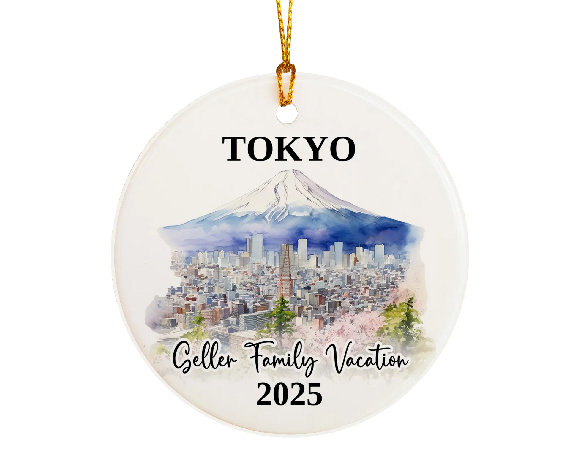 Custom vacation Tokyo Japan ceramic photo ornament with personalized message – handmade Christmas bauble, gift souvenir, or vacation keepsake. 