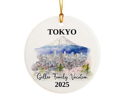 Custom vacation Tokyo Japan ceramic photo ornament with personalized message – handmade Christmas bauble, gift souvenir, or vacation keepsake. 