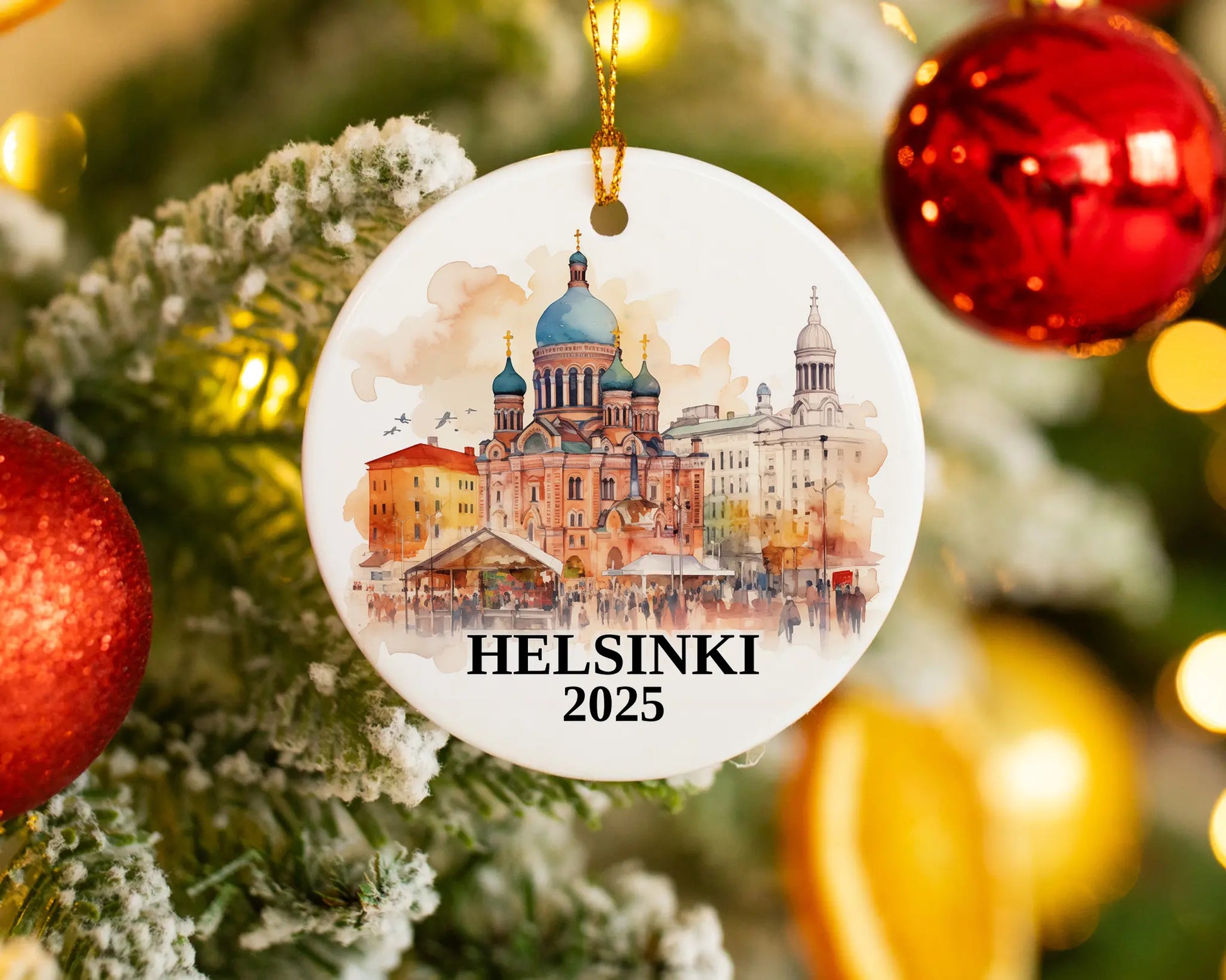 Custom Helsinki Finland ceramic photo ornament with personalized message – handmade Christmas bauble, gift souvenir, or vacation keepsake.  