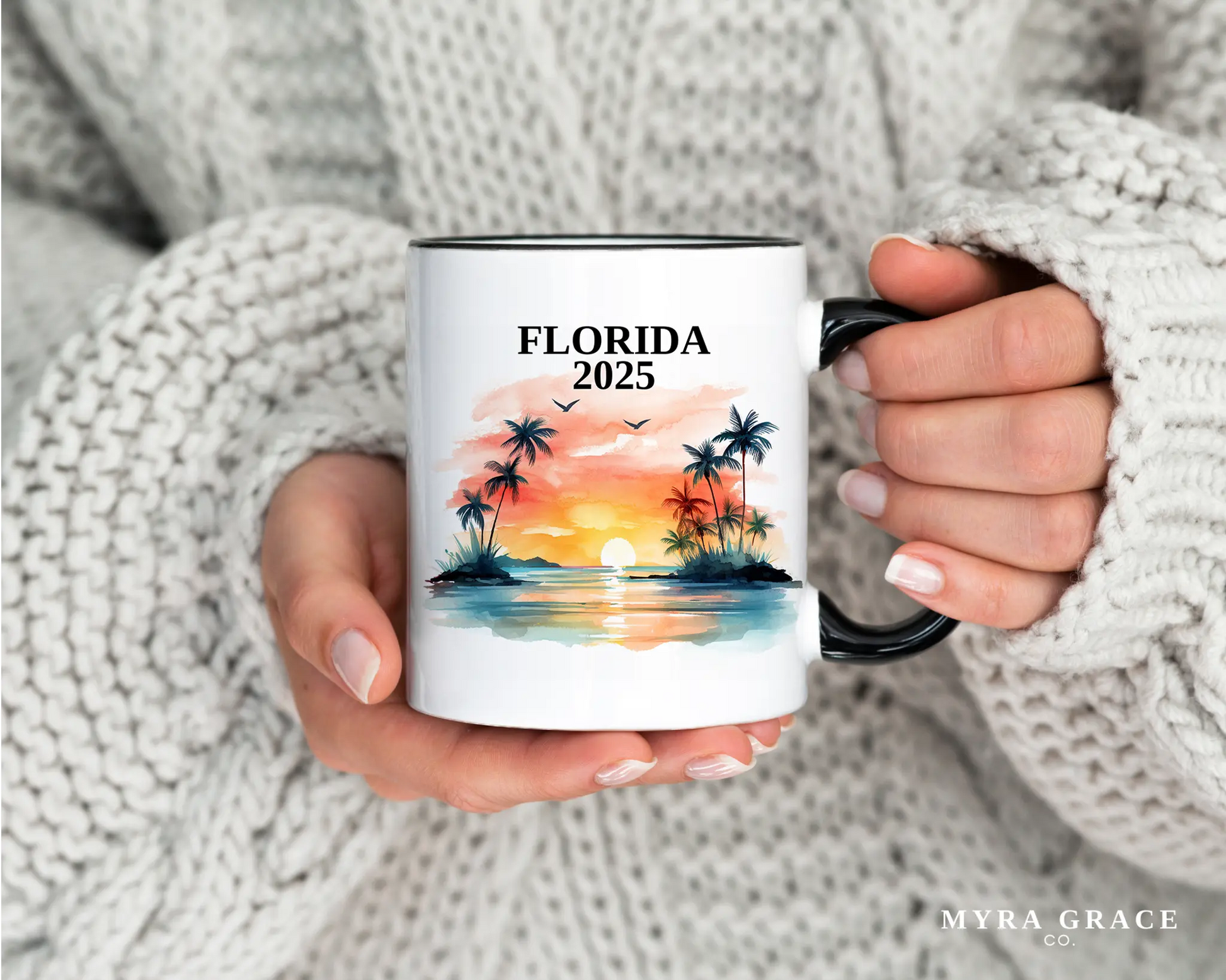 Custom ceramic Florida vacation mug with watercolor location design, date, and personal photo – personalized travel gift or photo mug. 