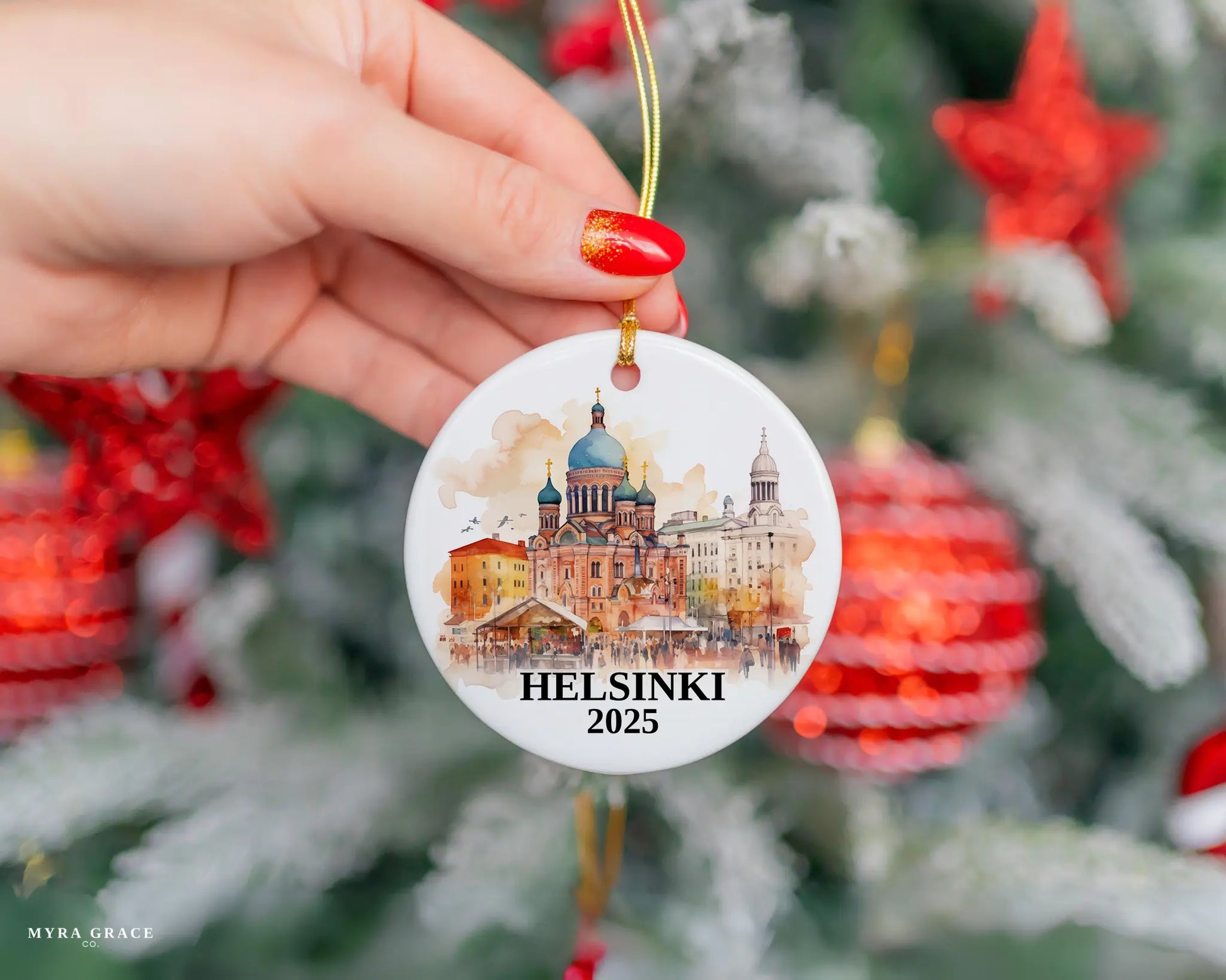 Custom Helsinki Finland ceramic photo ornament with personalized message – handmade Christmas bauble, gift souvenir, or vacation keepsake.  