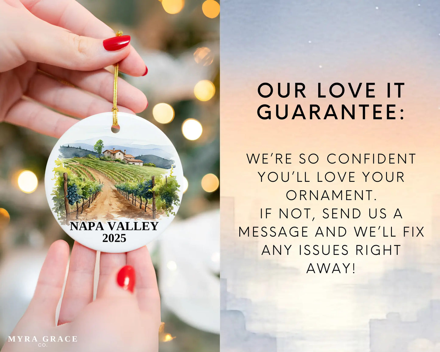 Custom Napa Valley California ceramic photo ornament with personalized message – handmade Christmas bauble, gift souvenir, or vacation keepsake.  Love it guarantee
