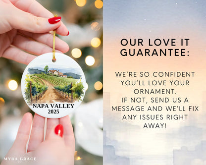 Custom Napa Valley California ceramic photo ornament with personalized message – handmade Christmas bauble, gift souvenir, or vacation keepsake.  Love it guarantee