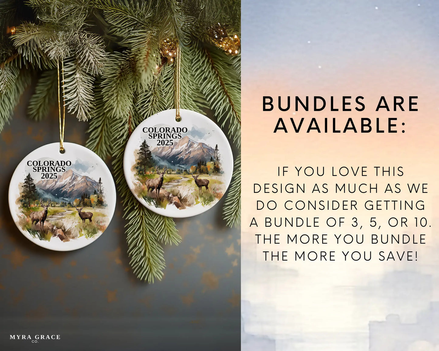 Custom Colorado Springs ceramic photo ornament with personalized message – handmade Christmas bauble, gift souvenir, or vacation keepsake.  Bundles are available