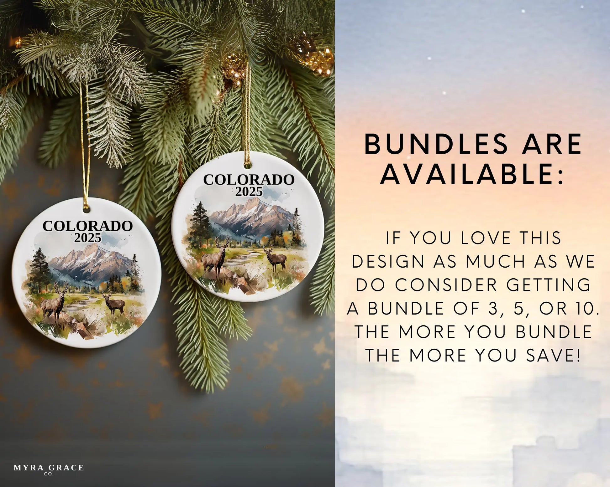 Custom Colorado ceramic photo ornament with personalized message – handmade Christmas bauble, gift souvenir, or vacation keepsake.  bundles are available