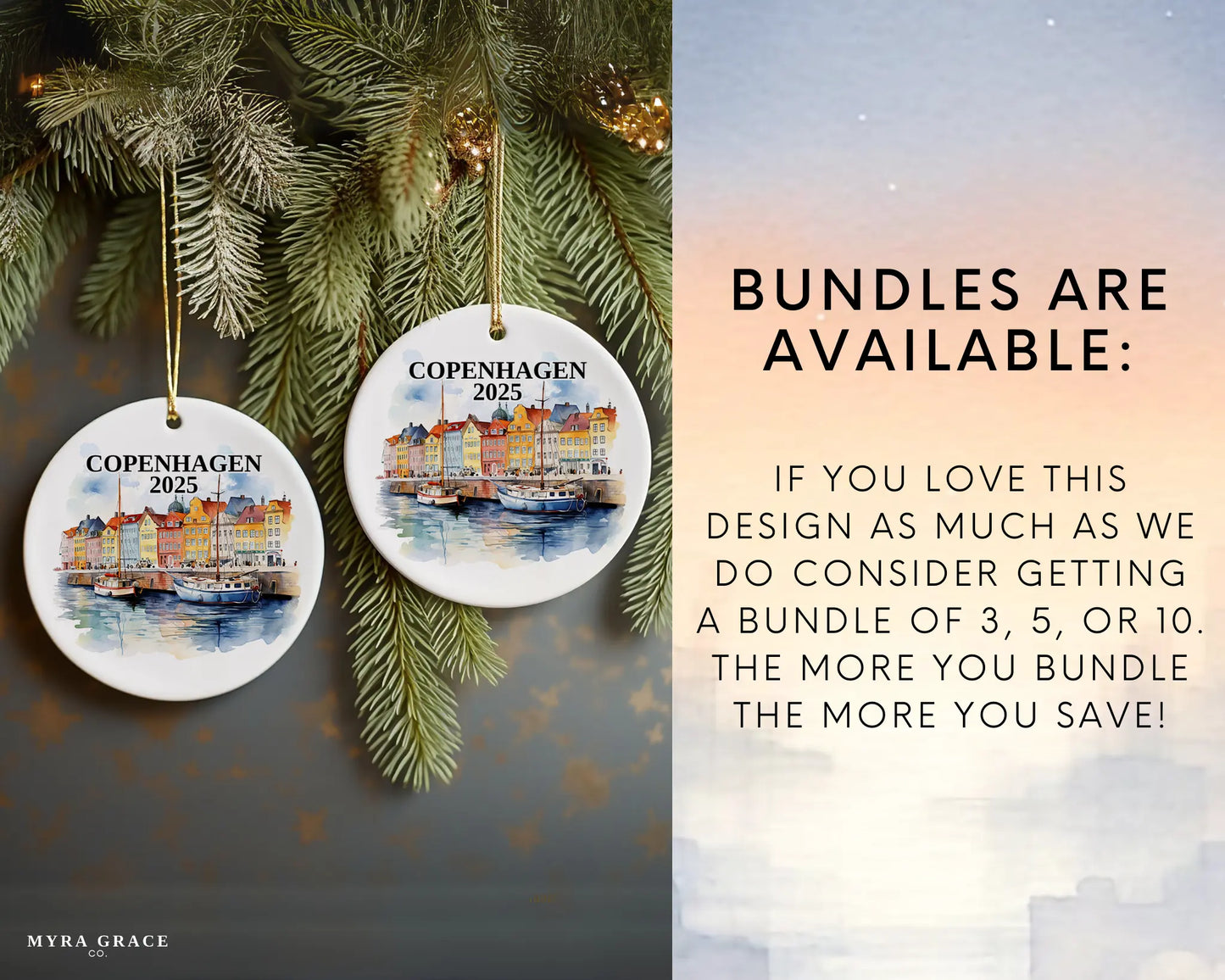 Custom Copenhagen ceramic photo ornament with personalized message – handmade Christmas bauble, gift souvenir, or vacation keepsake.  Bundles available