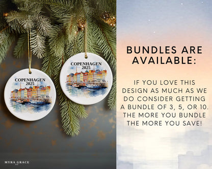 Custom Copenhagen ceramic photo ornament with personalized message – handmade Christmas bauble, gift souvenir, or vacation keepsake.  Bundles available
