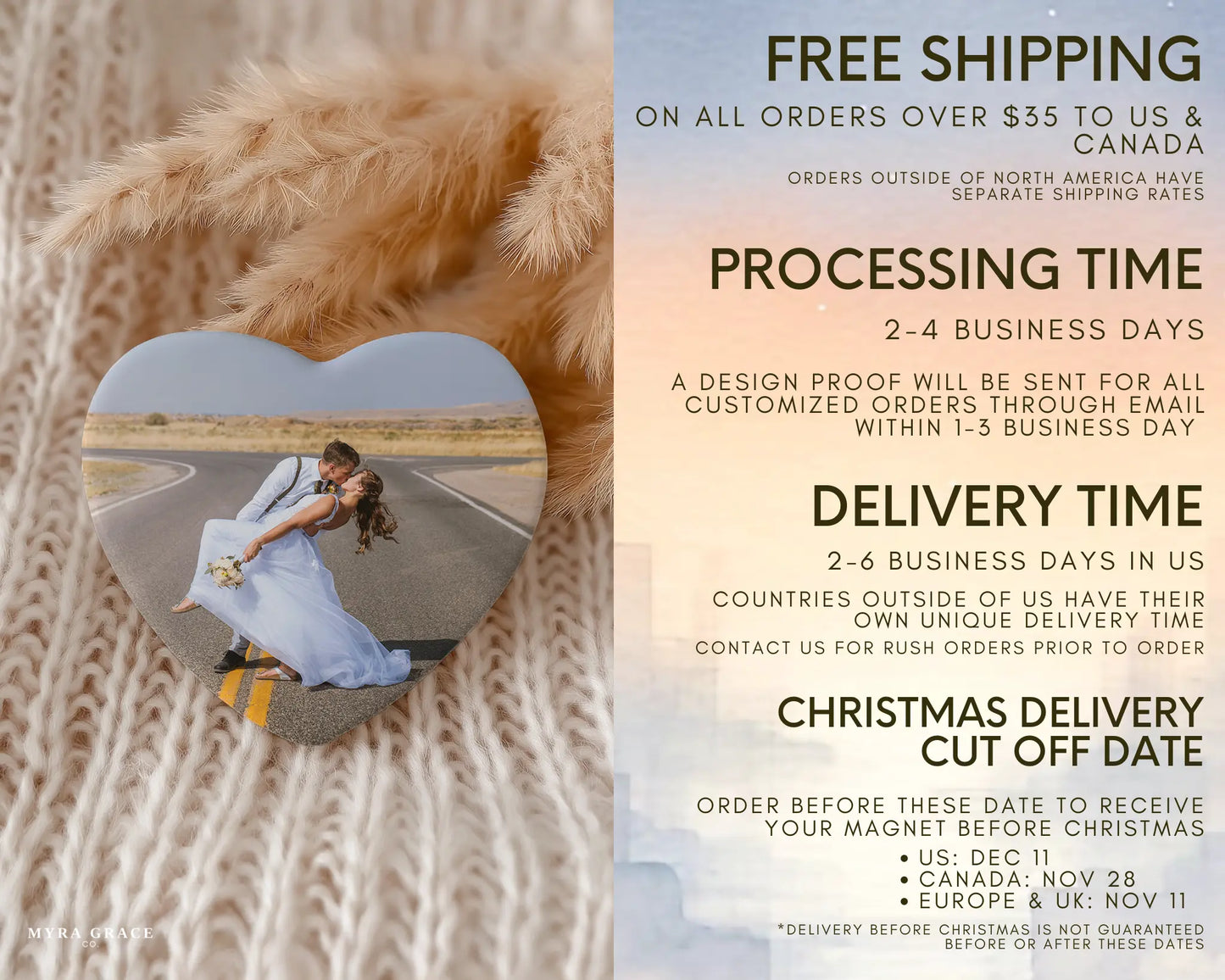 Heart-shaped custom Wedding ceramic photo magnet on fridge – handmade personalized gift or Christmas fridge magnet. Free shipping