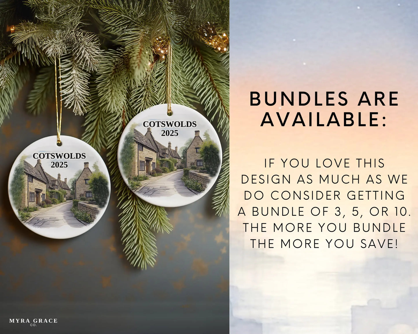 Custom Cotswolds England ceramic photo ornament with personalized message – handmade Christmas bauble, gift souvenir, or vacation keepsake.  Bundles are available