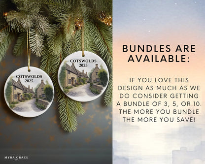 Custom Cotswolds England ceramic photo ornament with personalized message – handmade Christmas bauble, gift souvenir, or vacation keepsake.  Bundles are available