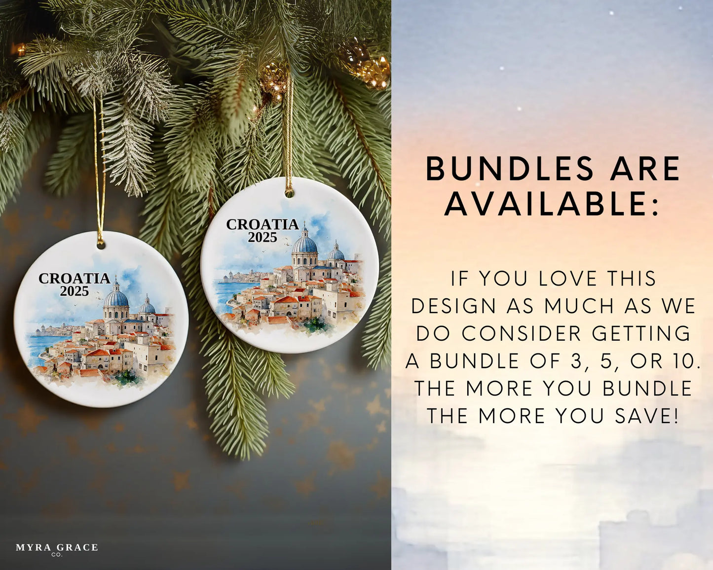 Custom Croatia ceramic photo ornament with personalized message – handmade Christmas bauble, gift souvenir, or vacation keepsake.  Bundles available