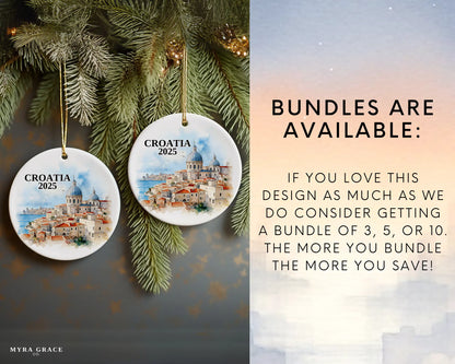 Custom Croatia ceramic photo ornament with personalized message – handmade Christmas bauble, gift souvenir, or vacation keepsake.  Bundles available