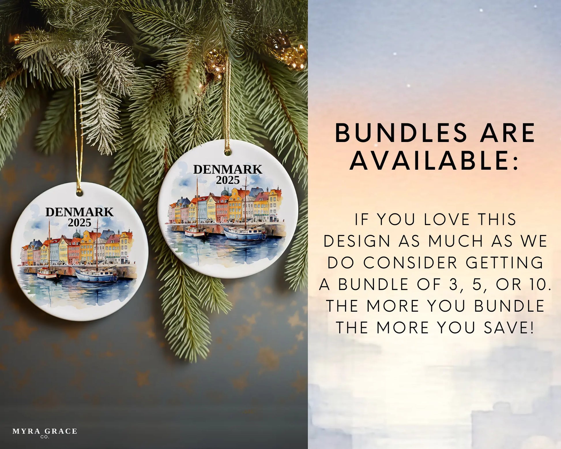 Custom Denmark ceramic photo ornament with personalized message – handmade Christmas bauble, gift souvenir, or vacation keepsake.  Bundles available