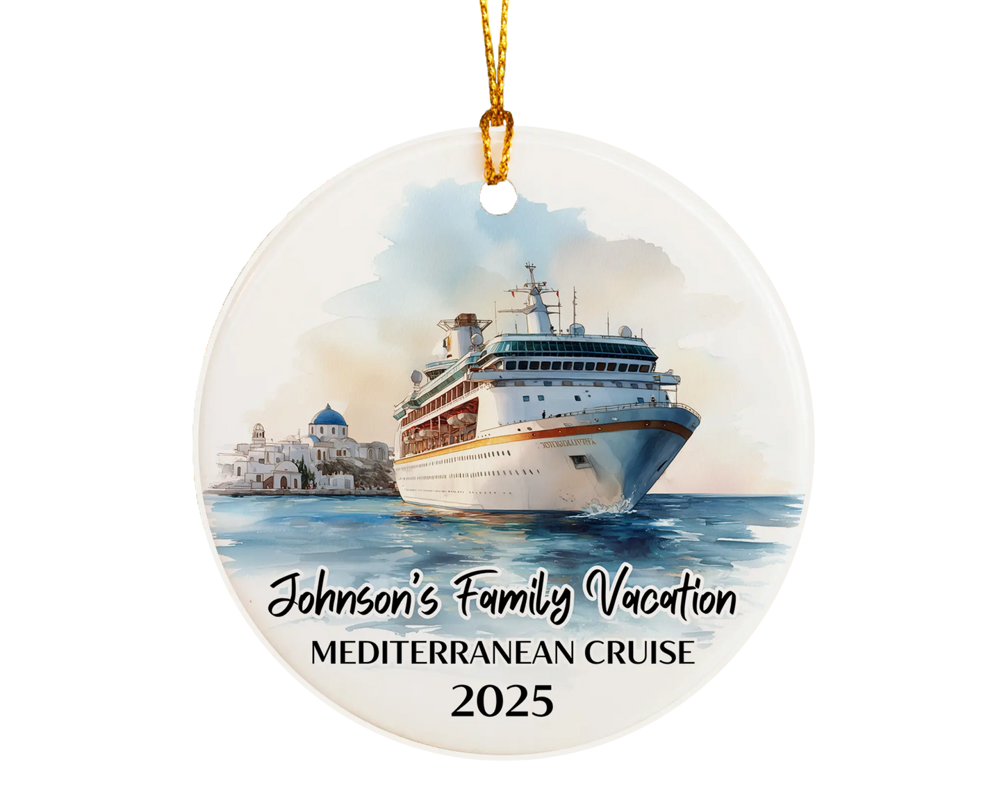 Handmade ceramic Mediterranean cruise ornament with personalized location and photo – custom Christmas bauble or cruise vacation souvenir.