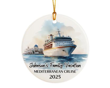 Handmade ceramic Mediterranean cruise ornament with personalized location and photo – custom Christmas bauble or cruise vacation souvenir.