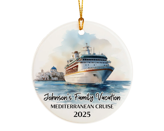 Handmade ceramic Mediterranean cruise ornament with personalized location and photo – custom Christmas bauble or cruise vacation souvenir.