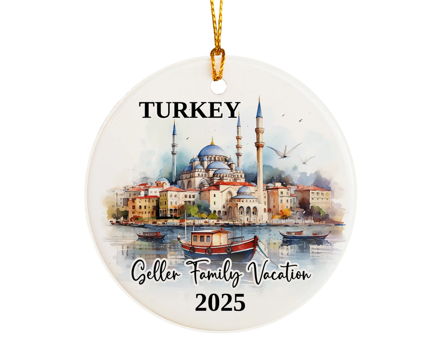 Custom vacation Turkey ceramic photo ornament with personalized message – handmade Christmas bauble, gift souvenir, or vacation keepsake. 