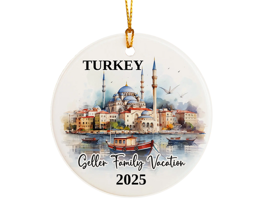 Custom vacation Turkey ceramic photo ornament with personalized message – handmade Christmas bauble, gift souvenir, or vacation keepsake. 