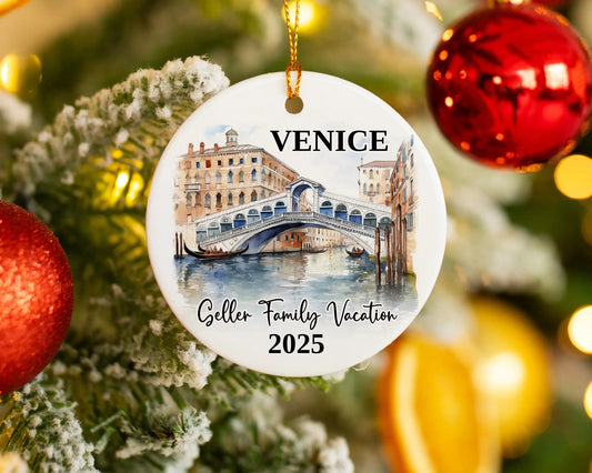 Custom vacation Venice Italy ceramic photo ornament with personalized message – handmade Christmas bauble, gift souvenir, or vacation keepsake. 