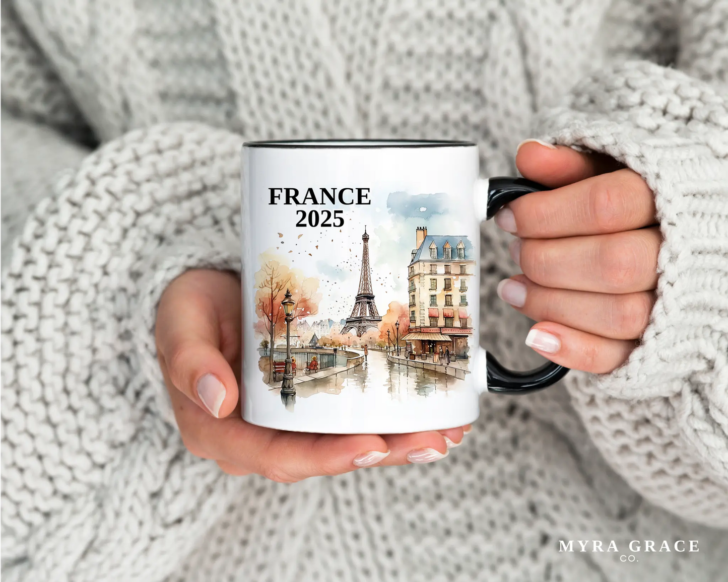 Custom ceramic France vacation mug with watercolor location design, date, and personal photo – personalized travel gift or photo mug. 
