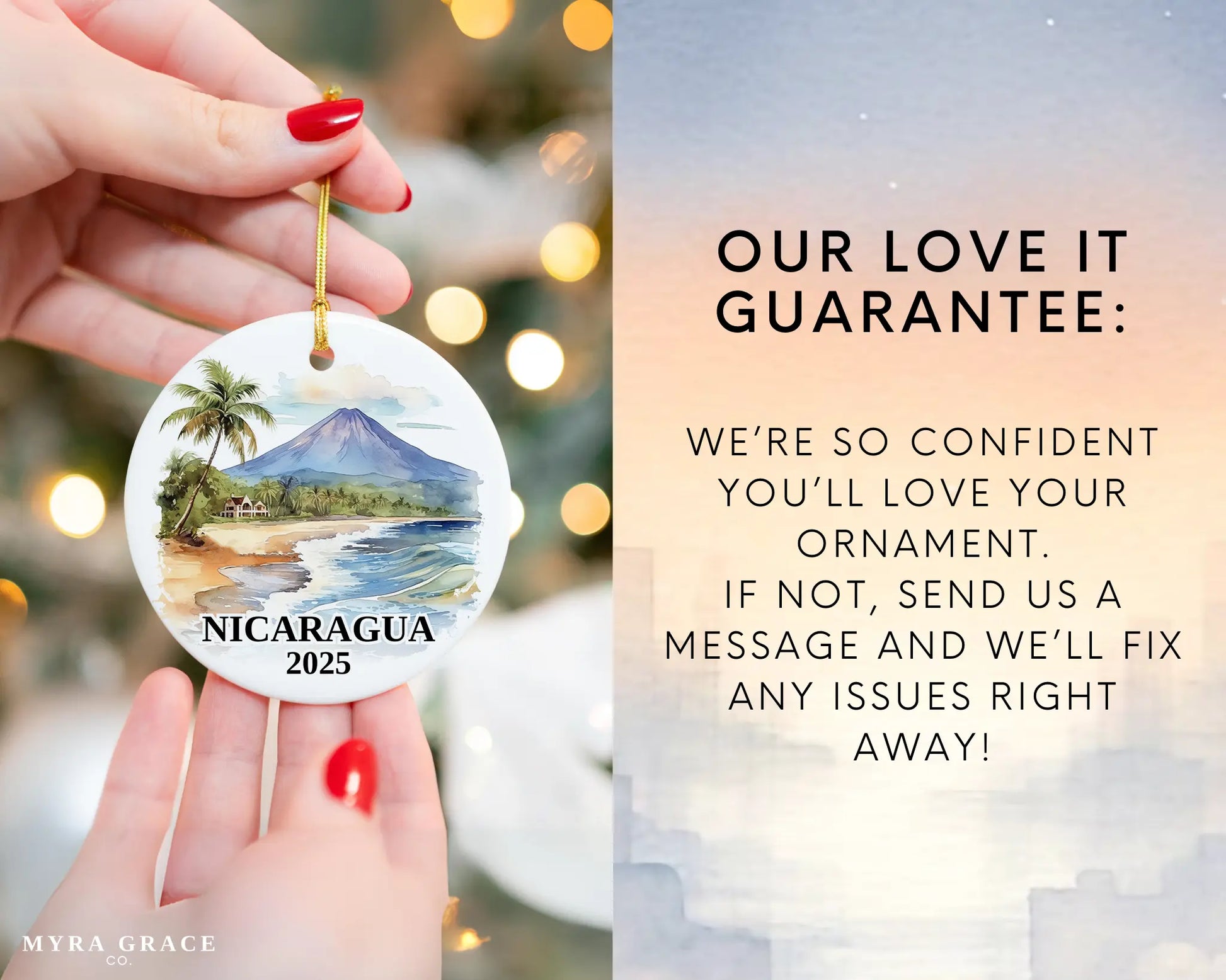 Custom Nicaragua ceramic photo ornament with personalized message – handmade Christmas bauble, gift souvenir, or vacation keepsake. Love it guarantee